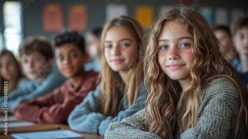 A group of young students attentively listening in a classroom setting.