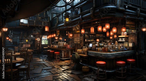 A dimly lit steampunk bar interior with wooden tables and chairs, a long counter with stools, and a variety of -style elements.