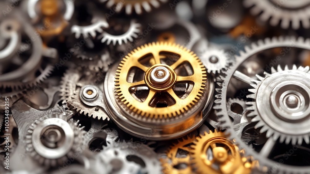 Closeup of Golden Gears in a Complex Mechanism Closeup of Golden Gears in a Complex Mechanism