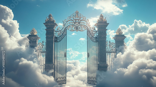 Artistic representation of Heaven pearly gates set in clouds in a bright blue sky photo