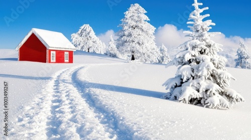 Snowy Landscape with Red Cabin and Pine Tree