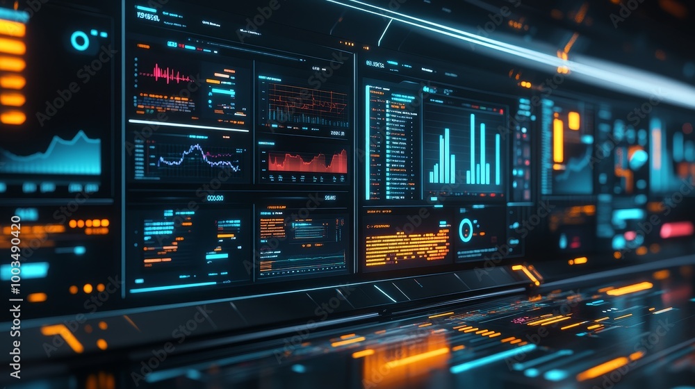 Fototapeta premium Illuminated Project Management: Futuristic 3D Software Dashboards in Dark Workspace
