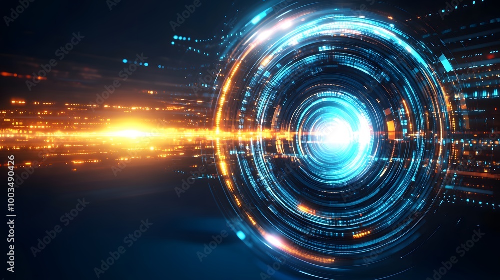 Obraz premium Abstract Futuristic Technology Background with Blue and Orange Glowing Circles