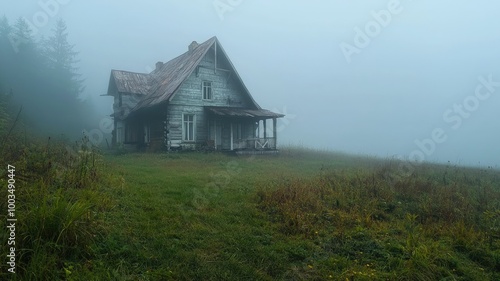 A Rustic Wooden House Standing Alone in a Foggy Meadow