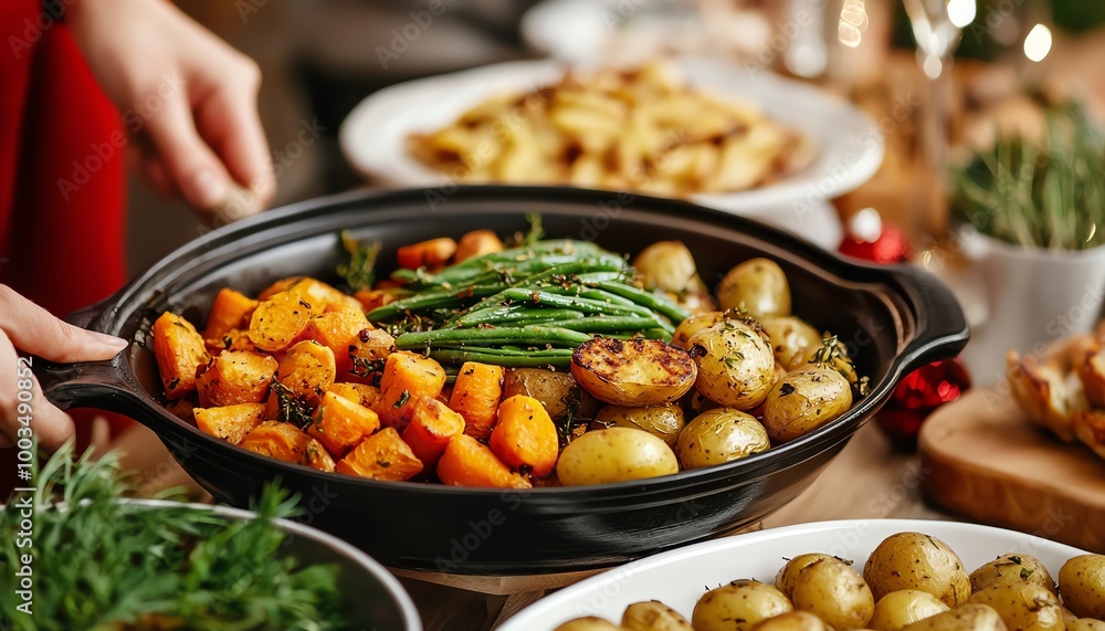 A beautifully arranged platter of roasted vegetables including potatoes, carrots, and green beans, perfect for a festive meal. A beautifully arranged platter of roasted vegetables including potatoes, carrots, and green beans, perfect for a festive meal.