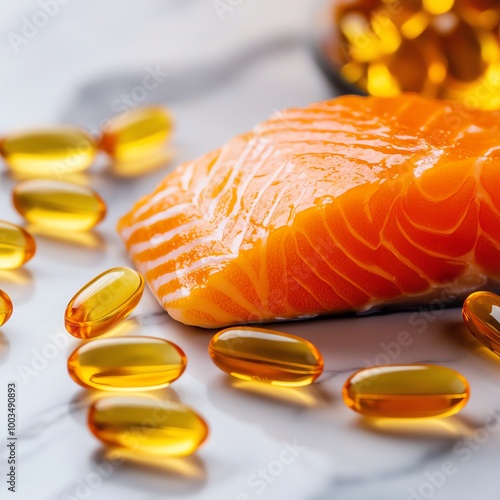 Fresh salmon fillet with omega-3 fish oil capsules on a marble surface. photo