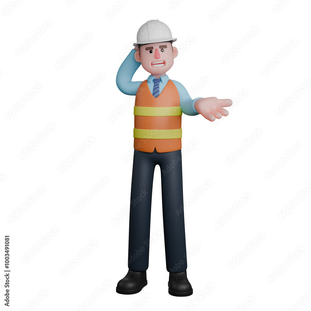 3D Design Character. An Architect stands with his right hand behind his head while his left hand is extended forward with the palm facing up. Male Architect Illustration