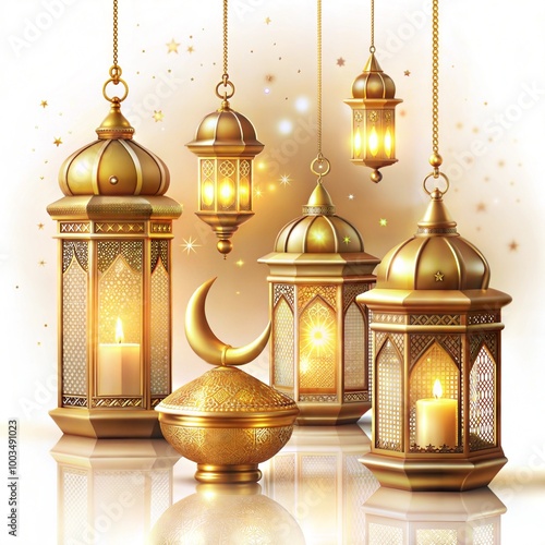  Arabic lanterns banner lamps with candles isolated on a white background