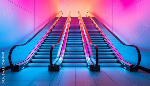 A vibrant escalator scene illuminated with colorful lighting, creating a modern and energetic atmosphere.