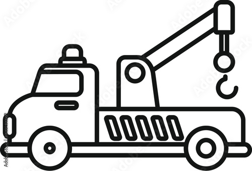 Tow truck lifting using hydraulic crane system icon line art vector illustration