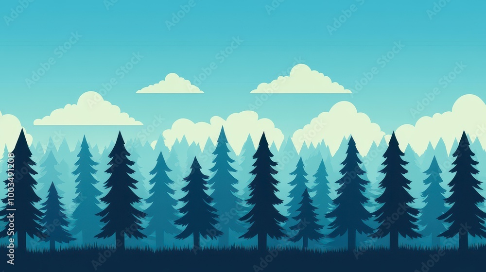 Fototapeta premium Explore a vibrant vector landscape with a stunning forest backdrop and soft, fluffy cloudsperfect for all your design needs