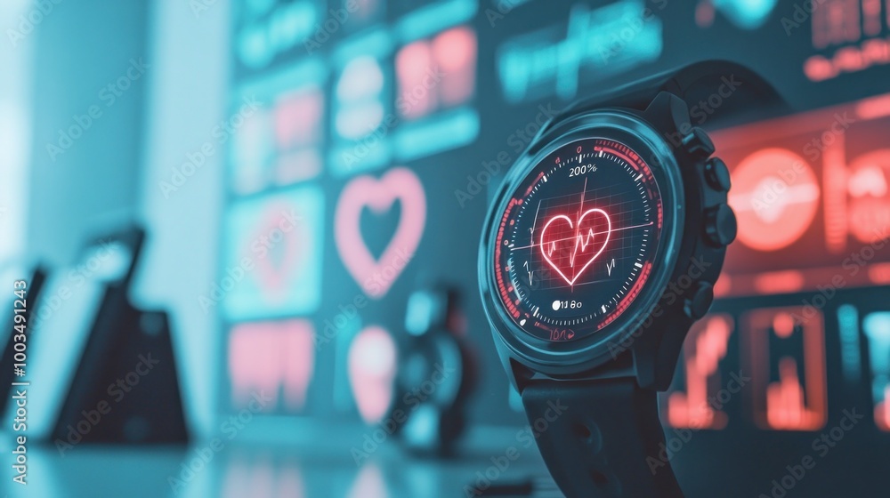 A smartwatch displaying a heart rate monitor against a digital health interface. A smartwatch displaying a heart rate monitor against a digital health interface.