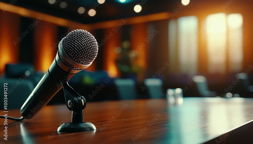 Close-up of a microphone on a conference table, illuminated by soft light in a professional setting. Close-up of a microphone on a conference table, illuminated by soft light in a professional setting.