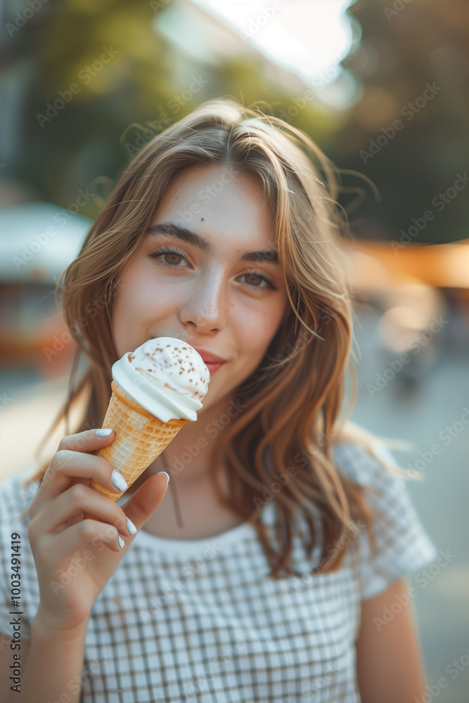 Young woman savoring ice cream in a vibrant urban park setting with blurred background Young woman savoring ice cream in a vibrant urban park setting with blurred background
