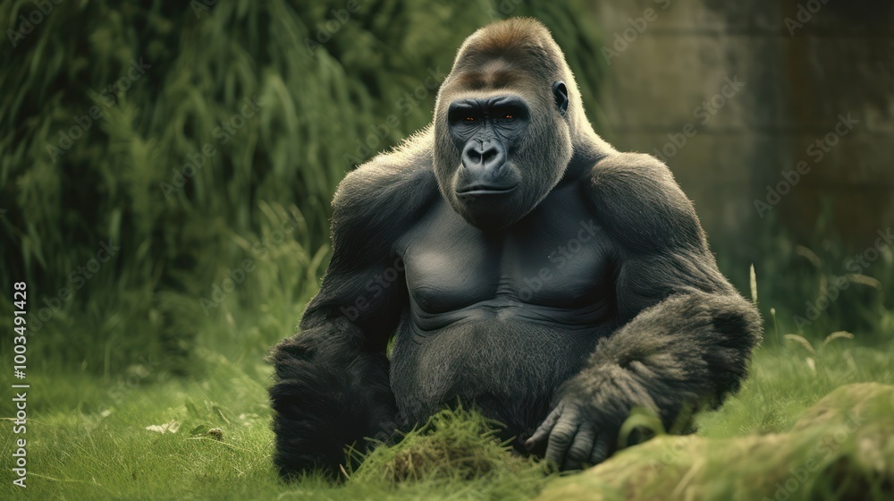Naklejka premium A Powerful Gorilla in Lush Green Foliage