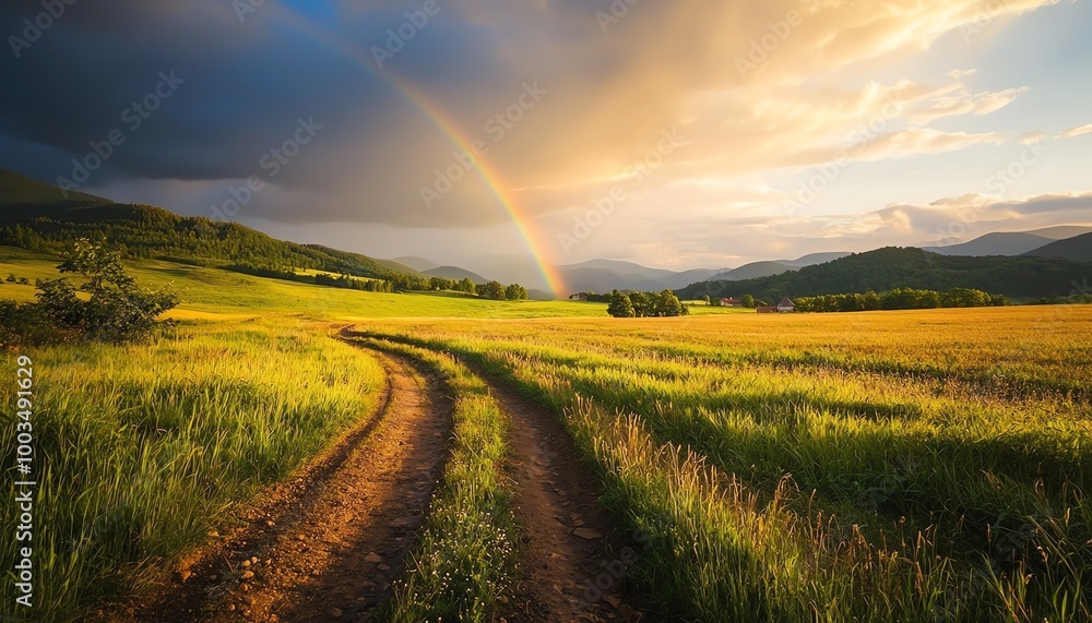 Fototapeta premium A serene landscape featuring a winding dirt road, fields of vibrant greenery, and a rainbow arching across a cloudy sky.