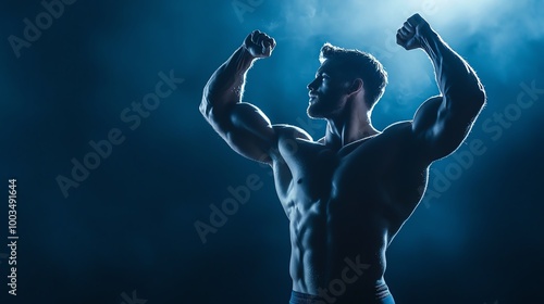 A muscular man flexing his biceps against a dramatic blue background, showcasing strength and fitness.