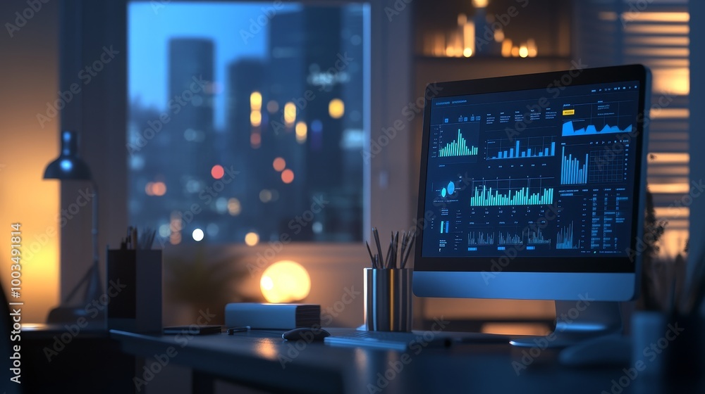 Modern Workspace with Digital Calendar, Project Timeline, Charts, and Graphs Illuminated by Ambient Light Modern Workspace with Digital Calendar, Project Timeline, Charts, and Graphs Illuminated by Ambient Light