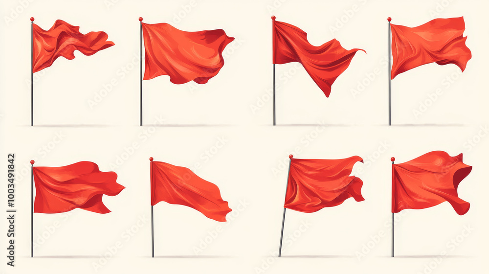 Fototapeta premium A collection of red flag icons, some waving in the wind. These are vector illustrations, which means they can be resized without losing quality.