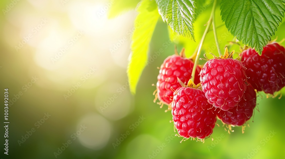 Fresh, ripe raspberries hanging from a green leaf branch, illuminated by soft sunlight. Fresh, ripe raspberries hanging from a green leaf branch, illuminated by soft sunlight.