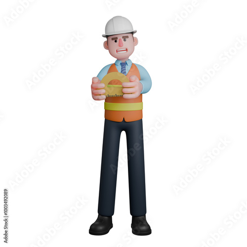 3D Model of Male Architect. An Architect stands with both hands holding a protractor in front of his chest. Professional Designer