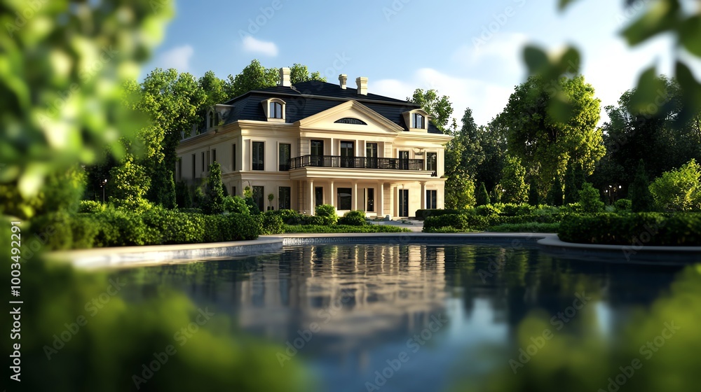 Luxury mansion with a pool and lush landscaping. Luxury mansion with a pool and lush landscaping.