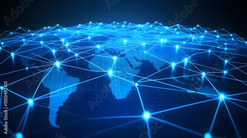 Global Network Connections   World Map with Blue Lines and Glowing Points