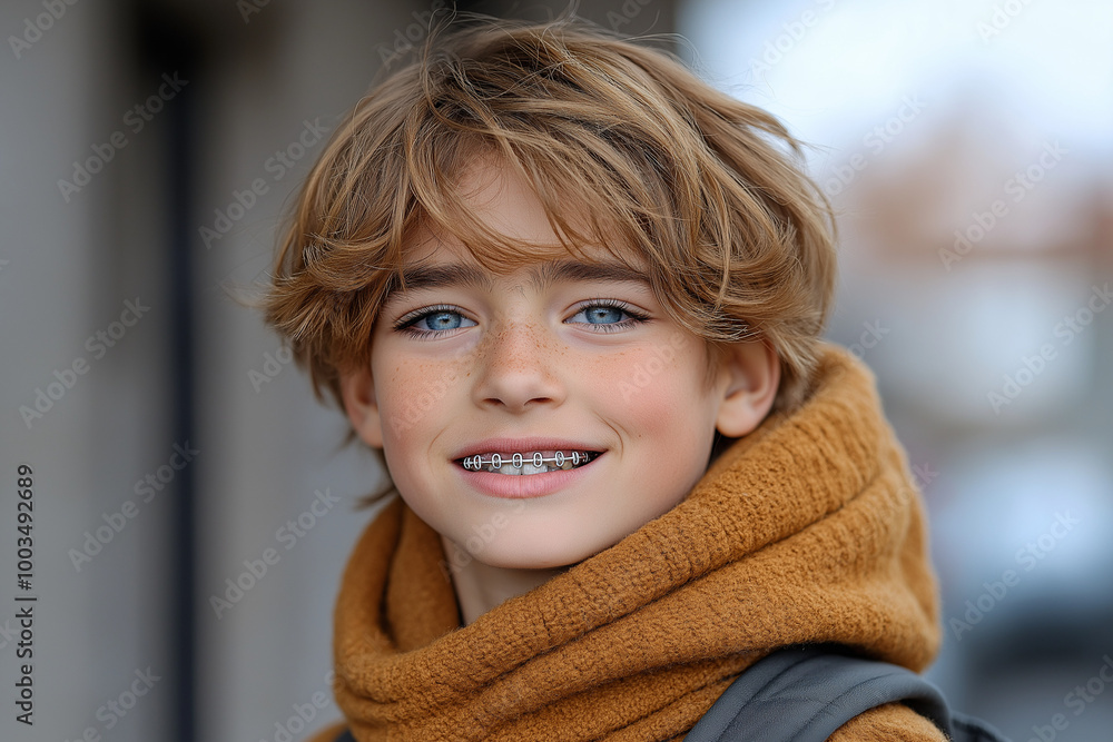 Smiling Boy with Braces Wearing a Scarf in Autumn Smiling Boy with Braces Wearing a Scarf in Autumn