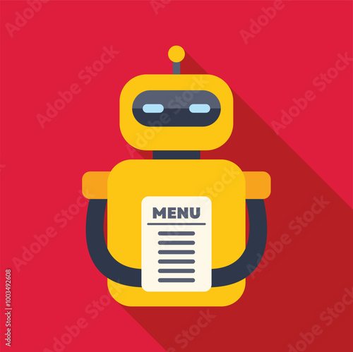 Yellow robot holding a menu, recommending food and drinks, modern technologies in restaurant business