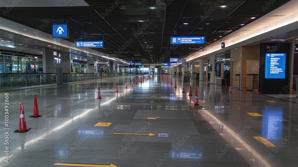 Fototapeta premium A spacious airport terminal with directional signs and safety cones.