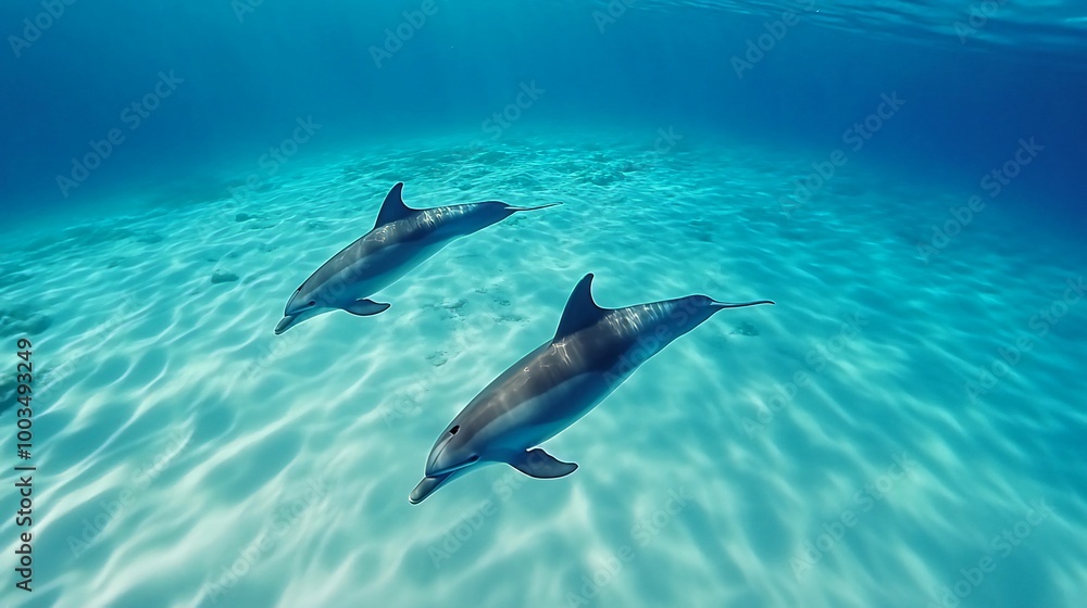 Fototapeta premium Two dolphins swim in clear blue water with a sandy bottom.