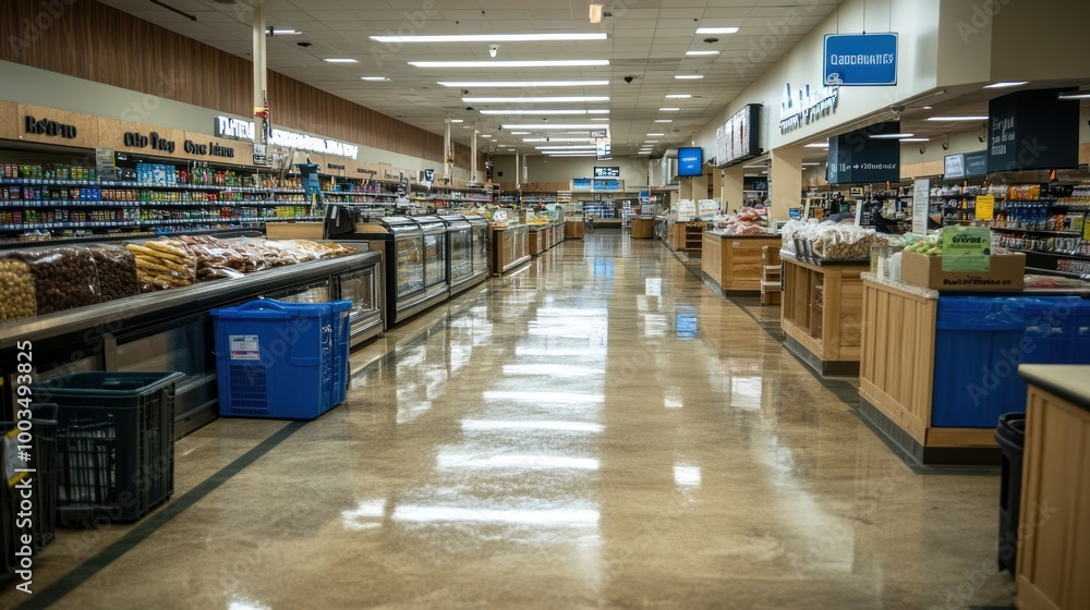 A spacious grocery store aisle with various food displays and clean floors. A spacious grocery store aisle with various food displays and clean floors.