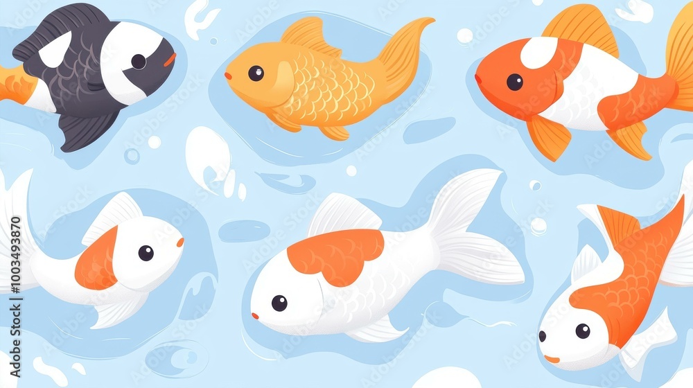 A vibrant design showcasing koi and tropical fish, ideal for oceanthemed projects with a modern twist. A vibrant design showcasing koi and tropical fish, ideal for oceanthemed projects with a modern twist.