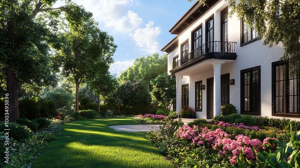 Beautiful white mansion with lush green lawn and blooming flowers Beautiful white mansion with lush green lawn and blooming flowers