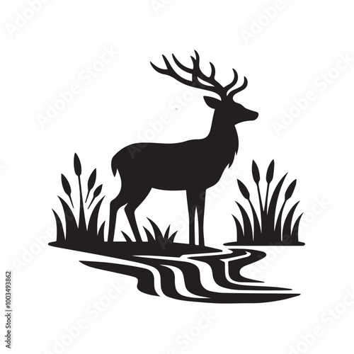 A Deer By Stream Vector illustration black and white - Deer Clipart Design