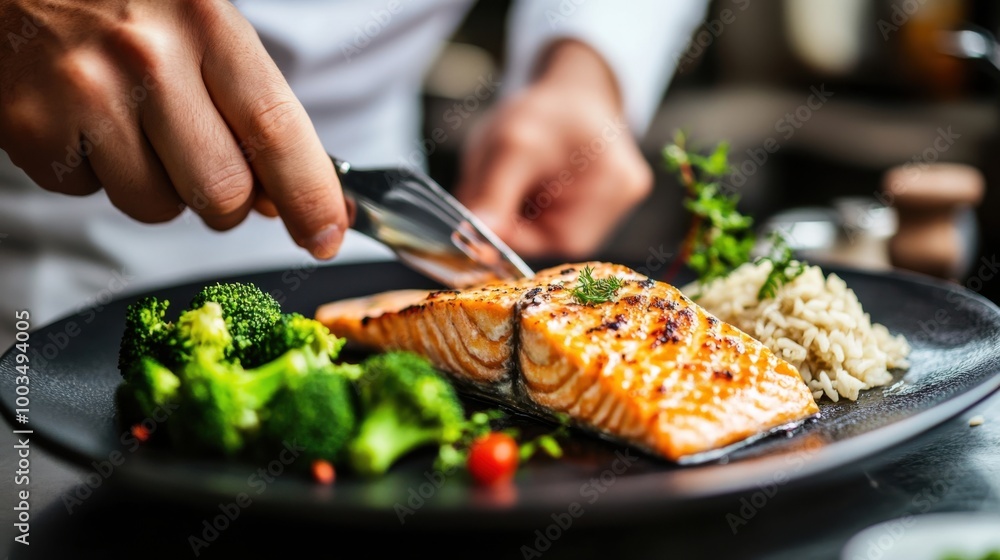 A chef preparing a grilled salmon filet, with a side of steamed broccoli and brown rice, A chef preparing a grilled salmon filet, with a side of steamed broccoli and brown rice,