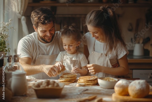 Young nuclear family making pancakes together. Parents and children in kitchen, preparing pancake batter, spending weekend day indoors, Generative AI