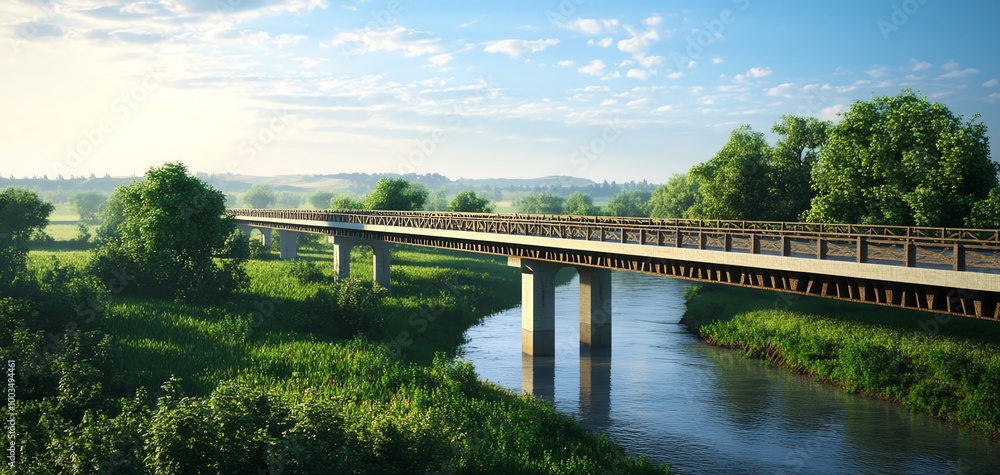A scenic bridge spanning a tranquil river, surrounded by lush greenery and a bright blue sky. A scenic bridge spanning a tranquil river, surrounded by lush greenery and a bright blue sky.