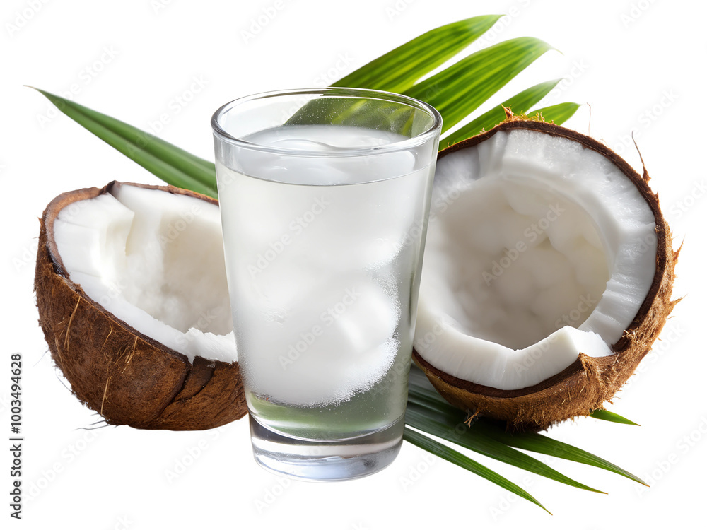 Chilled coconut water in a glass with a slice of coconut isolated on a transparent background Chilled coconut water in a glass with a slice of coconut isolated on a transparent background
