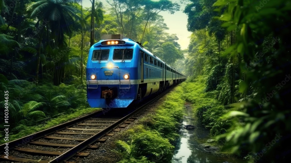 Naklejka premium Train Journey Through Lush Tropical Forest