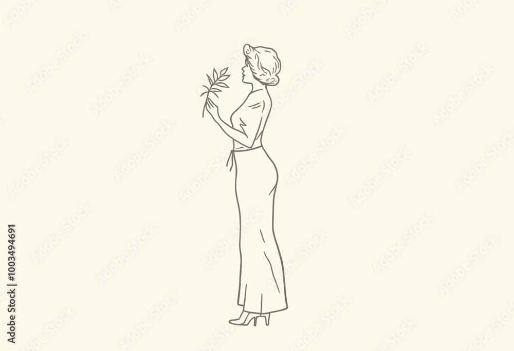 Minimalist Line Art: Curvy Woman Holding a Branch, Symbolizing Nature, Balance, and Inner Peace. Digital Art Print for Calm and Focused Spaces. Minimalist Line Art: Curvy Woman Holding a Branch, Symbolizing Nature, Balance, and Inner Peace. Digital Art Print for Calm and Focused Spaces.