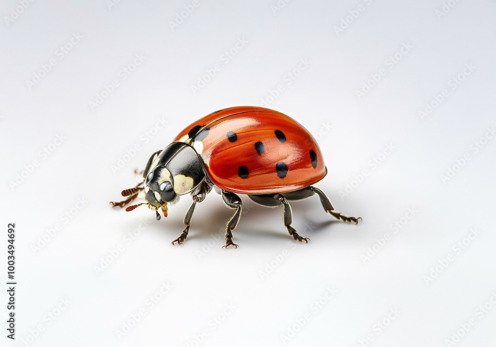 An isolated ladybug with black spots on a red shell is walking on a white background. An isolated ladybug with black spots on a red shell is walking on a white background.