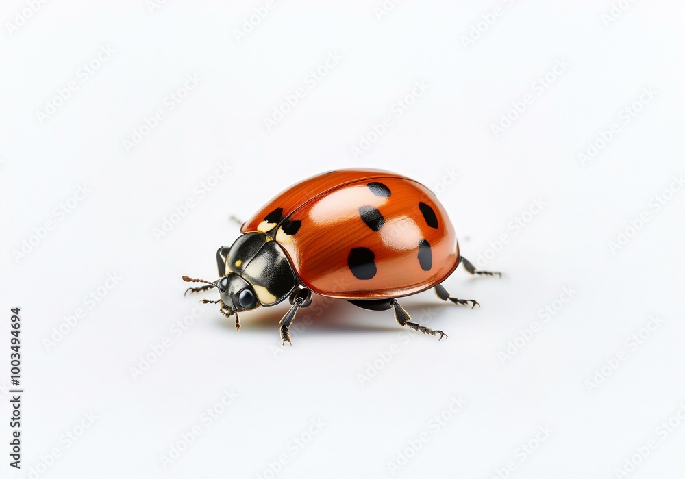 An isolated ladybug with black spots and a shiny red shell is standing on a white background. An isolated ladybug with black spots and a shiny red shell is standing on a white background.