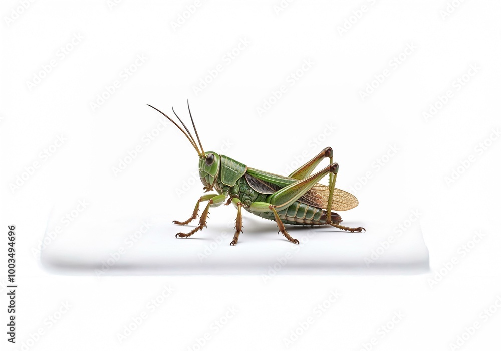 An isolated green grasshopper on a white background. An isolated green grasshopper on a white background.