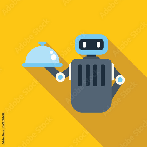 Robot holding a covered restaurant serving tray, flat icon design style