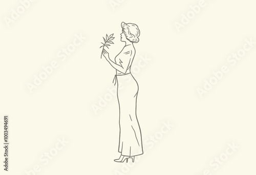 Minimalist Line Art: Curvy Woman Holding a Branch, Symbolizing Nature, Balance, and Inner Peace. Digital Art Print for Calm and Focused Spaces.