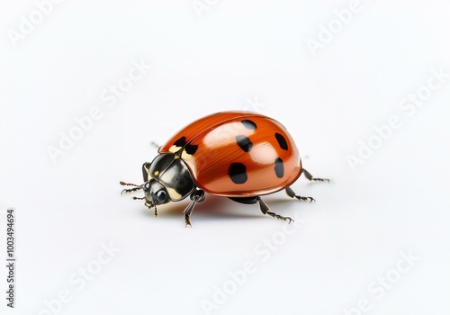 An isolated ladybug with black spots and a shiny red shell is standing on a white background.