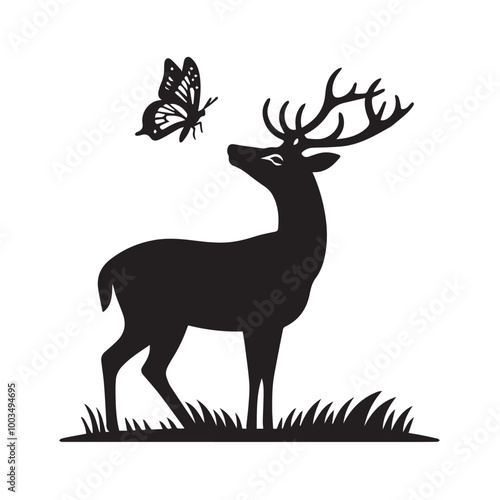 A Deer With Butterfly Vector illustration black and white - Deer Silhouette Design