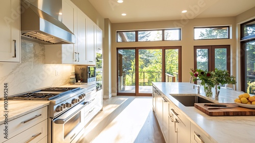 Wallpaper Mural Modern kitchen with stainless steel appliances, white cabinets, and a large window overlooking a backyard. Torontodigital.ca