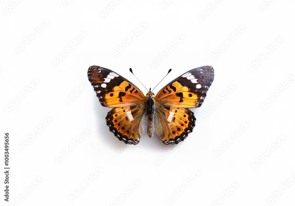 A single, isolated orange and black butterfly with white spots on its wings rests against a white background. A single, isolated orange and black butterfly with white spots on its wings rests against a white background.